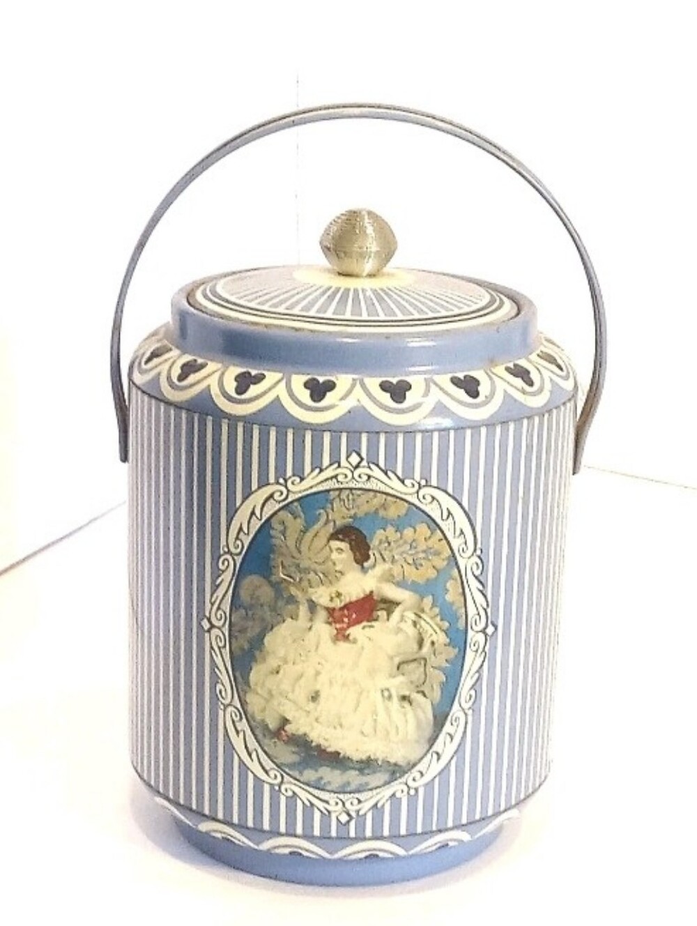 Vintage Made in England Tin, Lady On Swing. Double Walled And Riveted Handle.